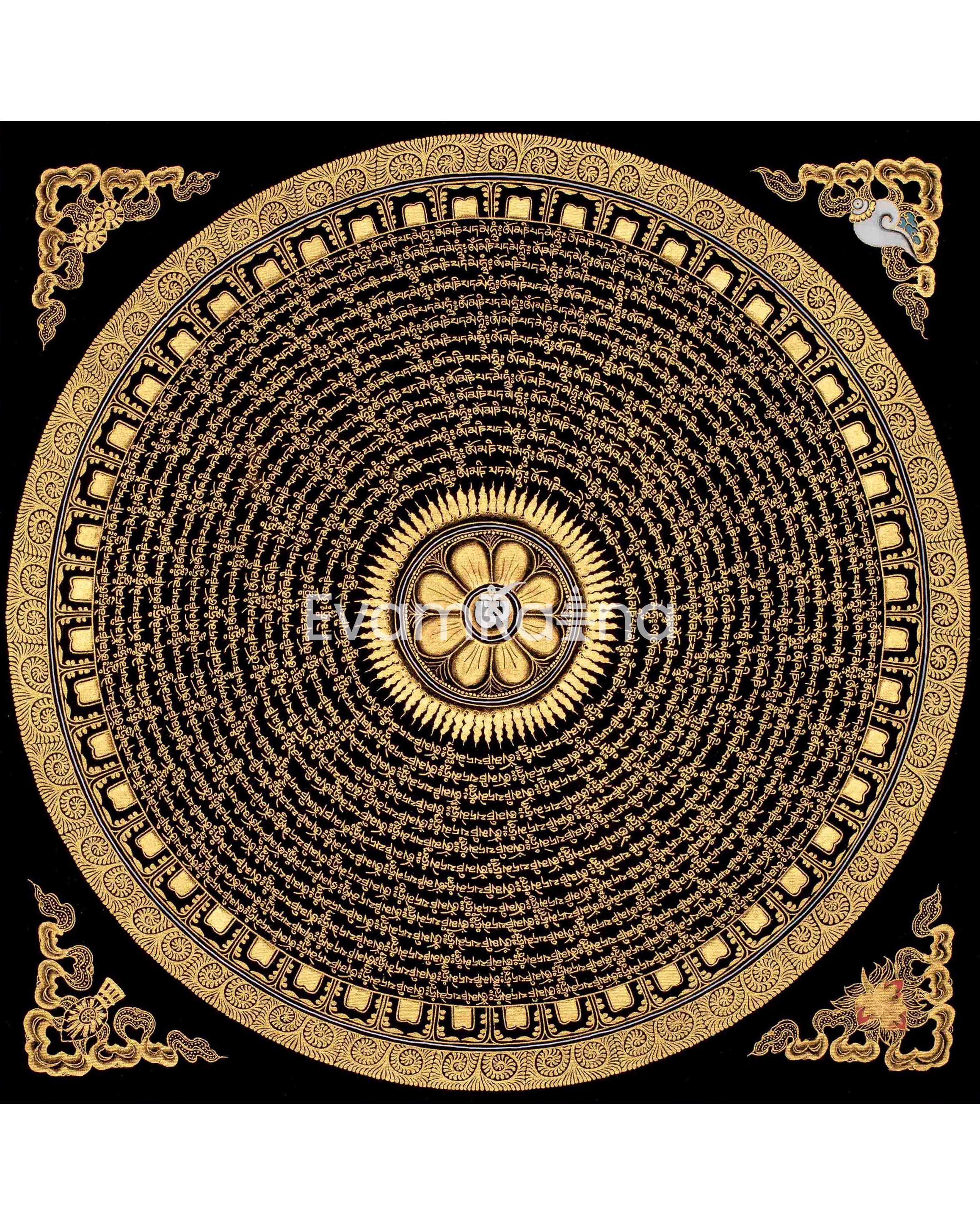 Original Hand Painted Mantra Mandala Thangka | Black And Gold Style Mandala