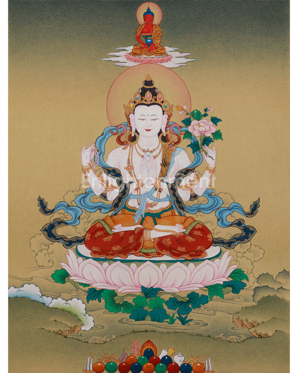 Tibetan Chenrezig with Amitabha Buddha Art 