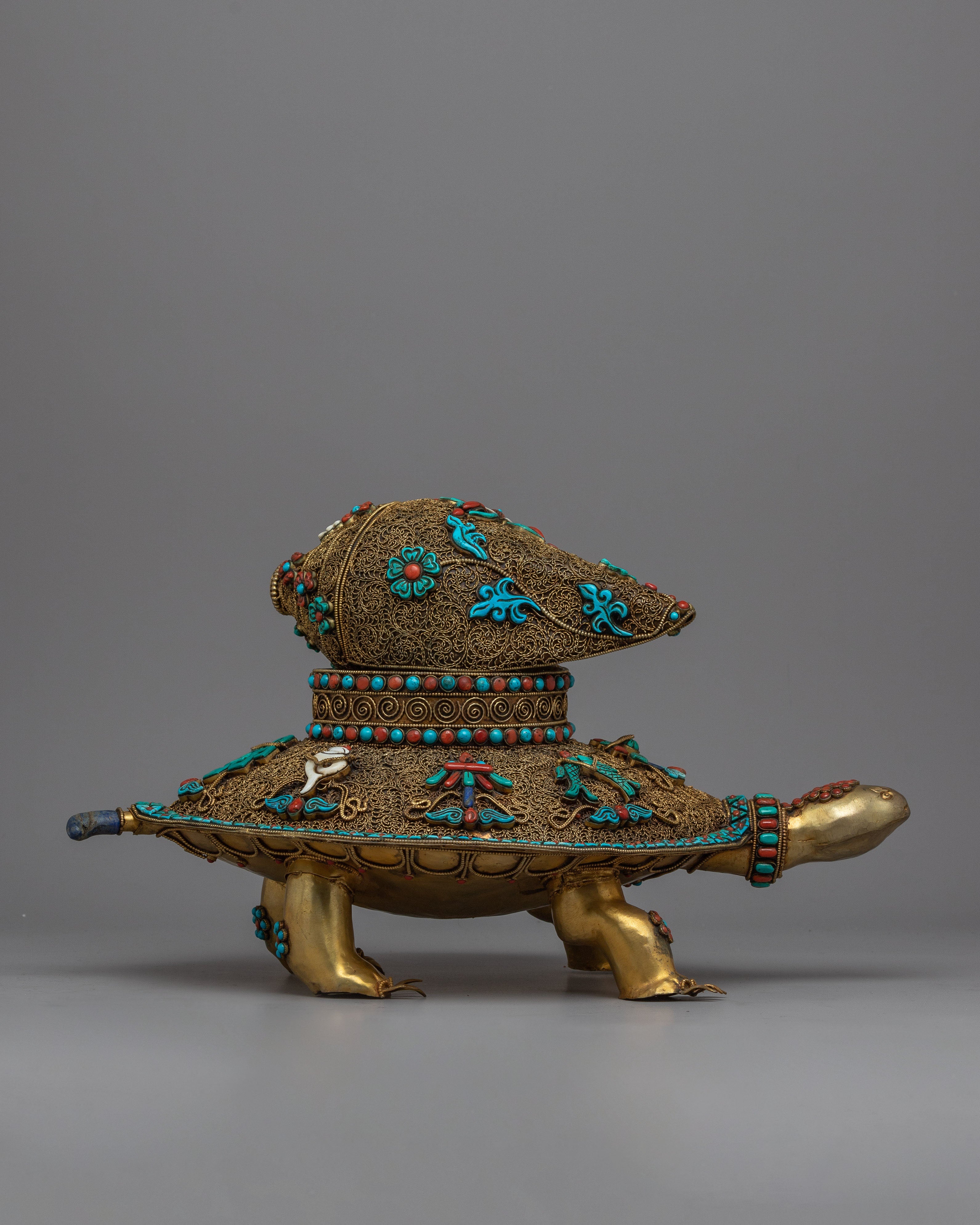 Turtle Shell Conk Turquoise Coral Turtle with Conch Shell At Top