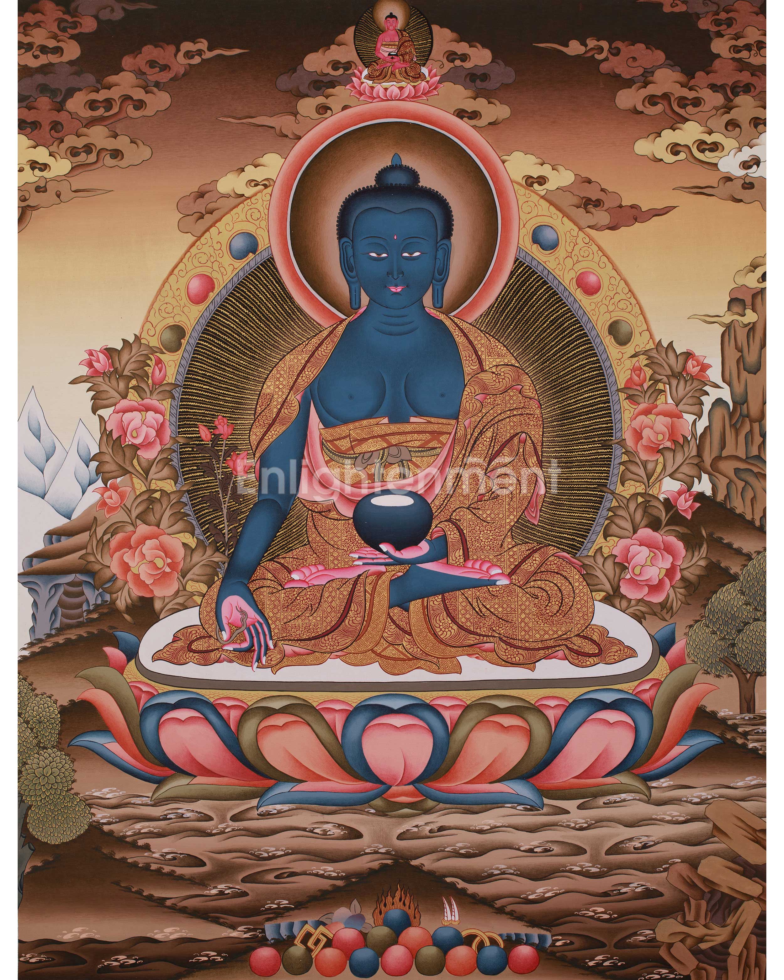 Traditional Thangka of Medicine Buddha with Amitabha