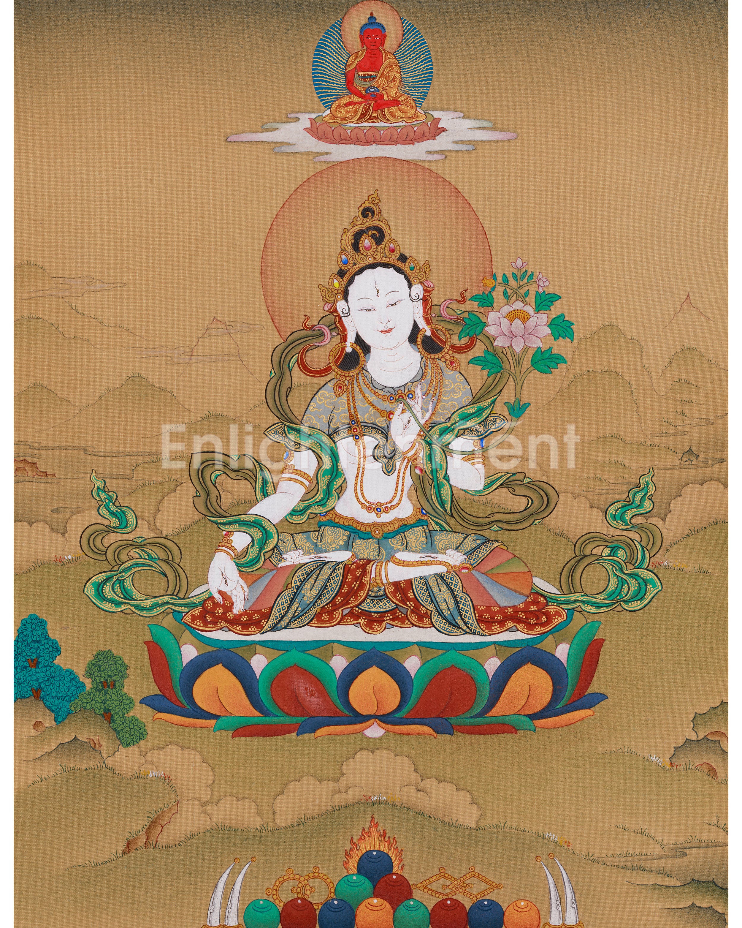 Traditional White Tara Thangka with Amitabha