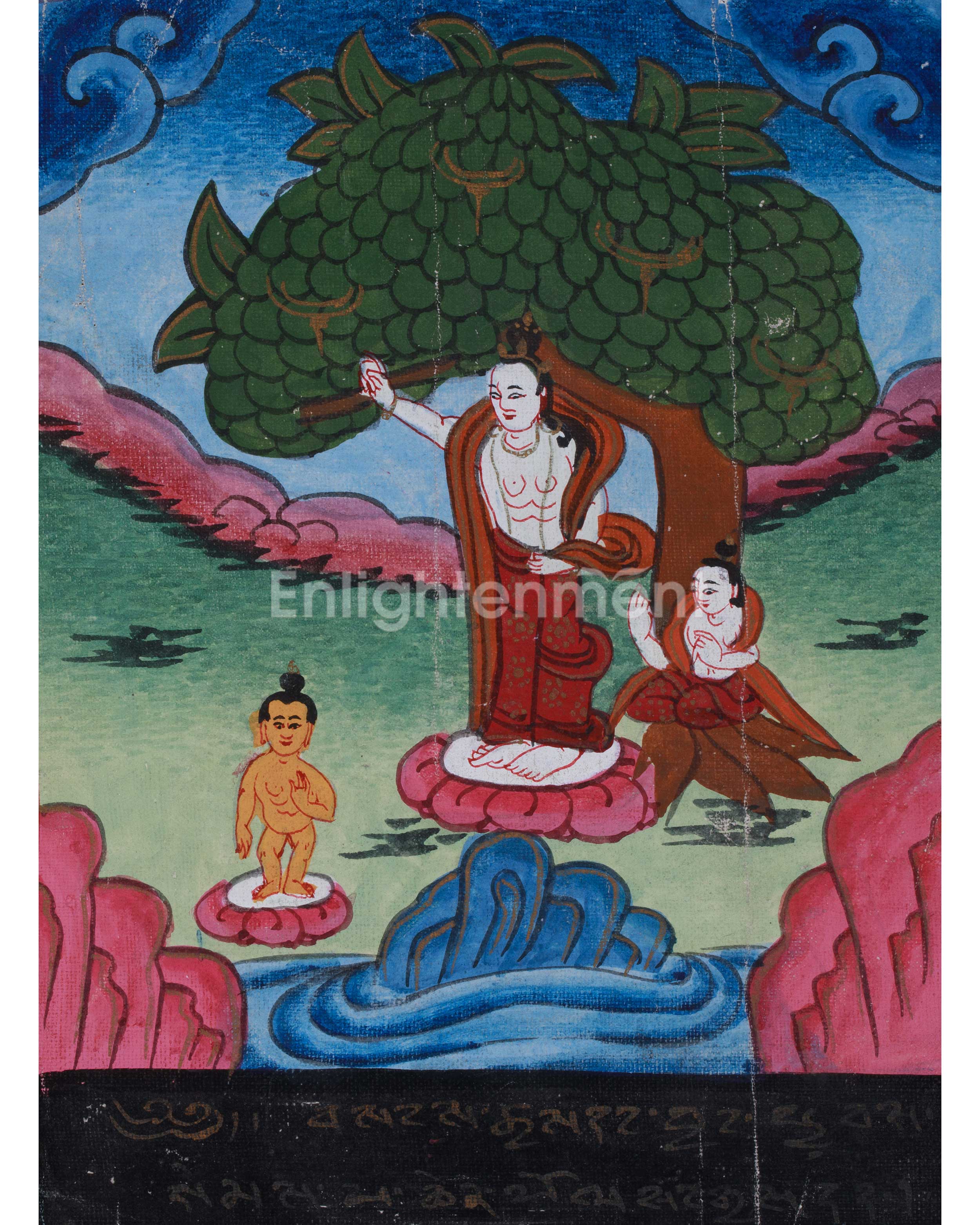 Vintage Thangka of Queen Maya Devi Giving Birth