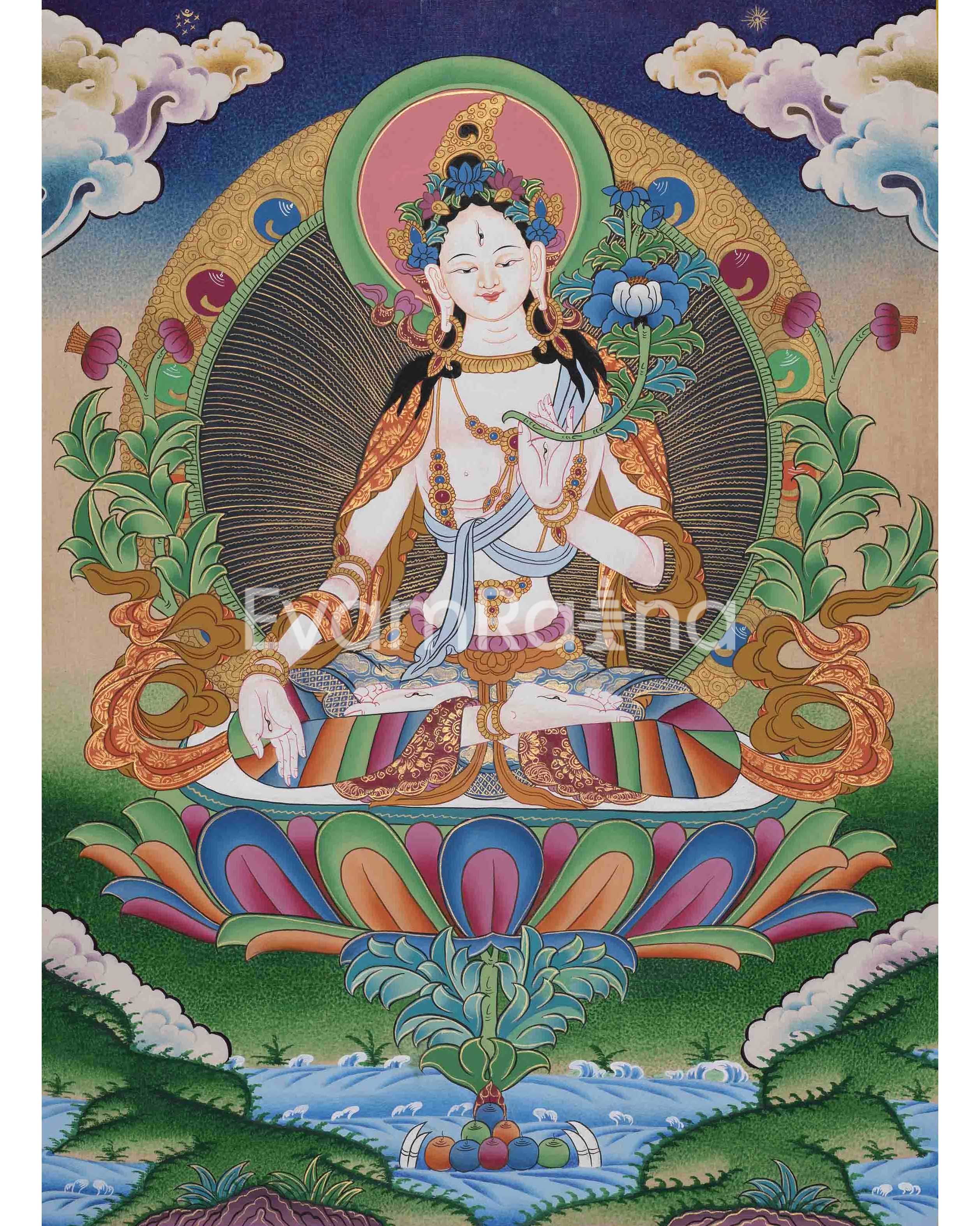 Beautifully Hand-Painted White Tara Thangka: