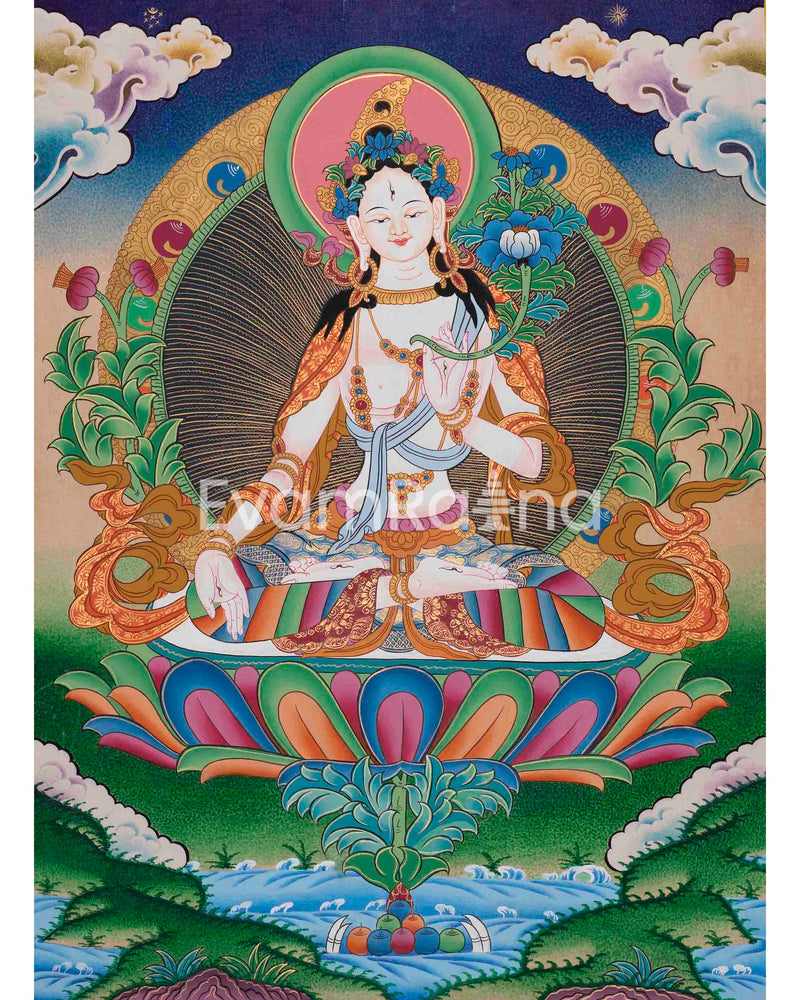 Beautifully Hand-Painted White Tara Thangka: