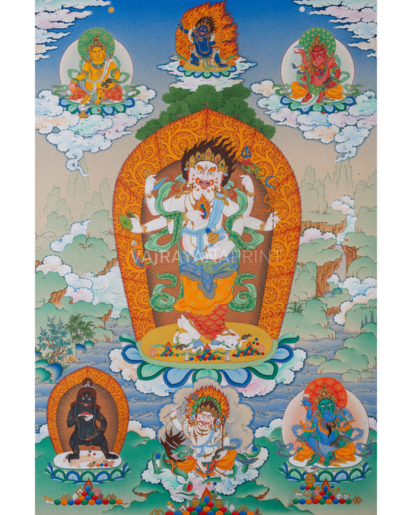 Thangka Print of White Mahakala with Five Jambala: Assembly of Wealth Deities