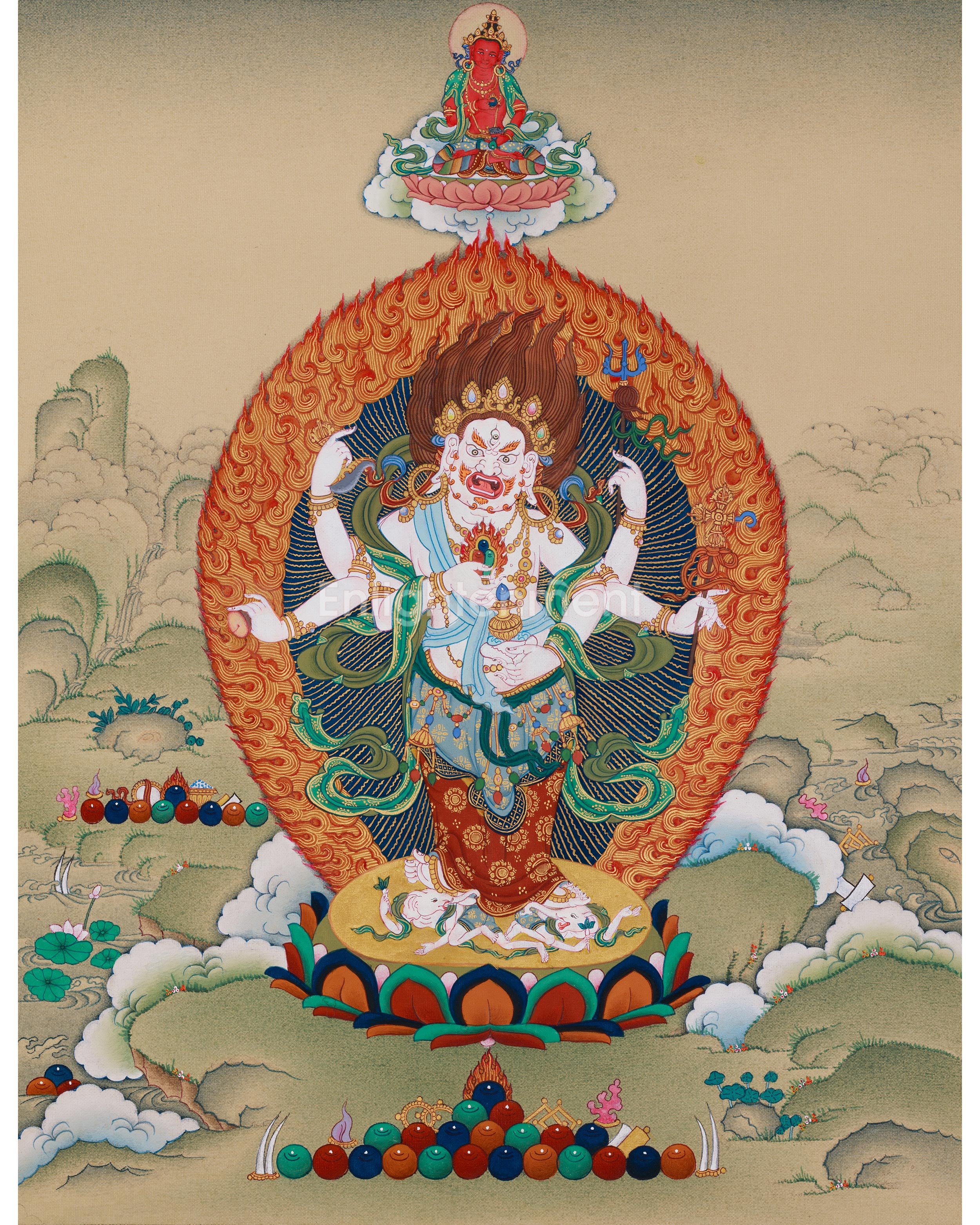 Sacred Buddhist Deity White Mahakala | Thangka of the Prosperity Guardian