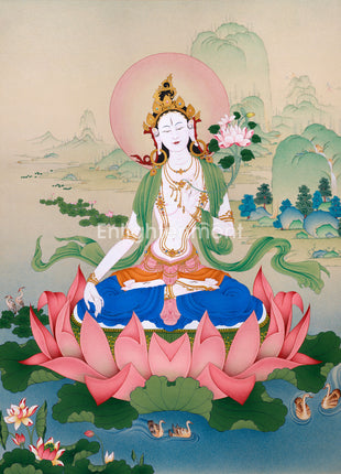 Radiant Grace: An Exquisite White Tara Thangka, Unique Depiction in Exceptional Quality
