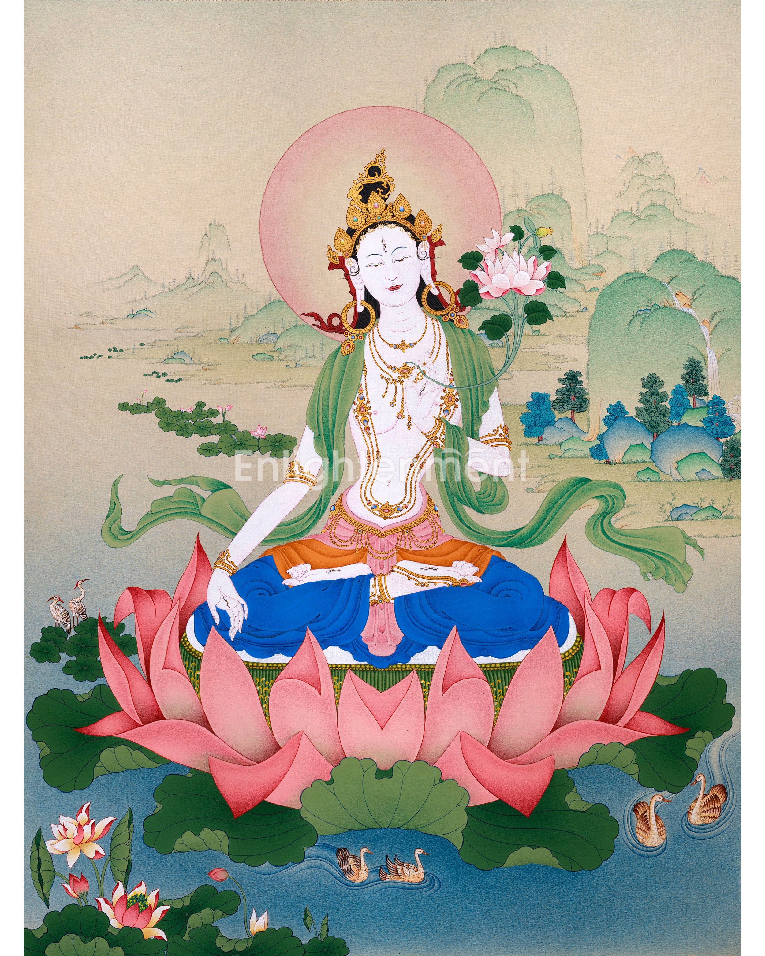Radiant Grace: An Exquisite White Tara Thangka, Unique Depiction in Exceptional Quality