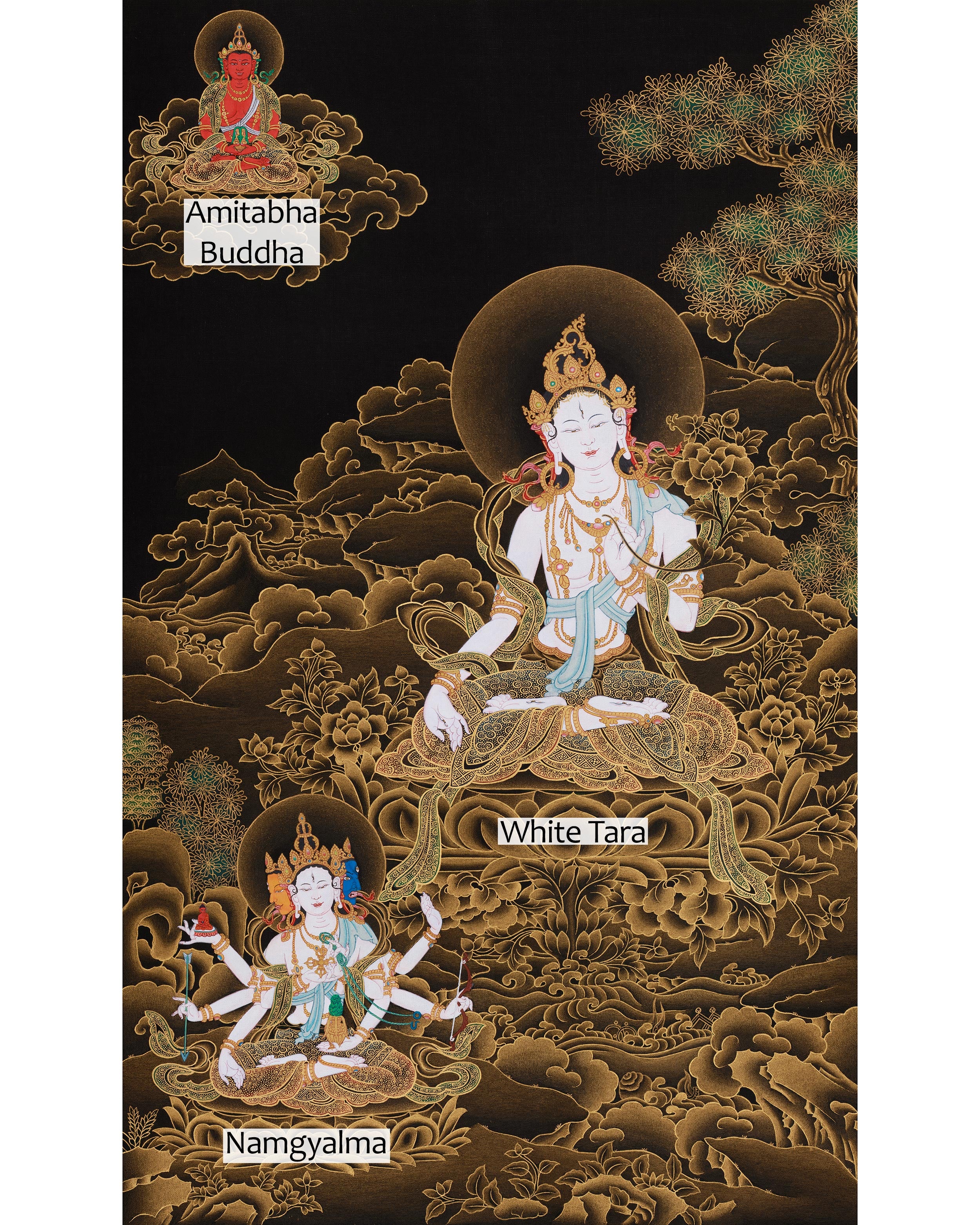 Hand-Painted Three Deities of Long Life: White Tara, Amitayus, and Namgyalma | Gold Embellished Thangka