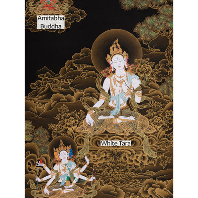 Hand-Painted Three Deities of Long Life: White Tara, Amitayus, and Namgyalma | Gold Embellished Thangka