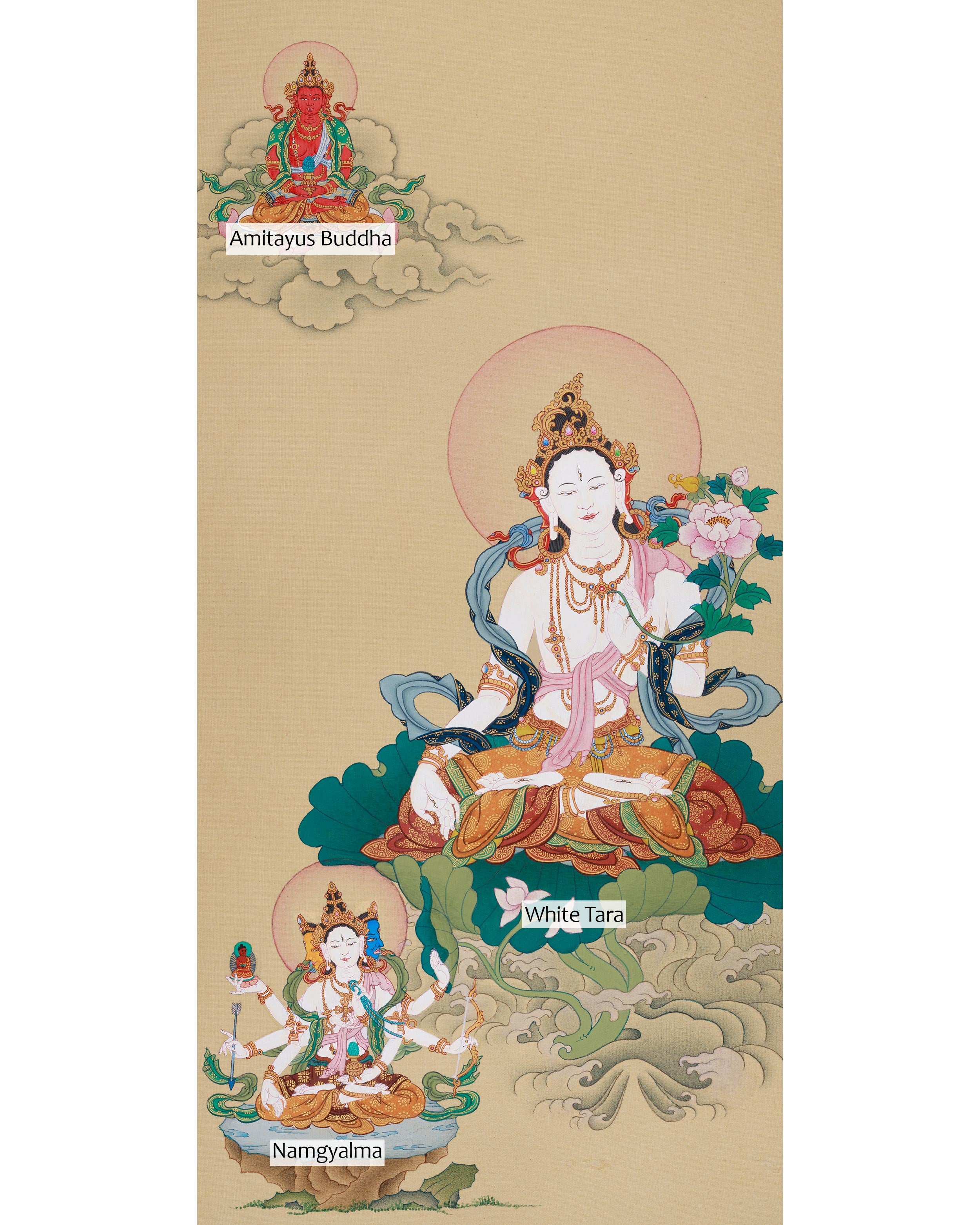 Thangka of White Tara, Amitayus, and Namgyalma | Divine Union of Healing, Compassion, and Spiritual Protection