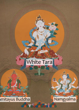 Sacred Three Long Life Deities Thangka | White Tara, Amitayus Buddha and Namgyalma