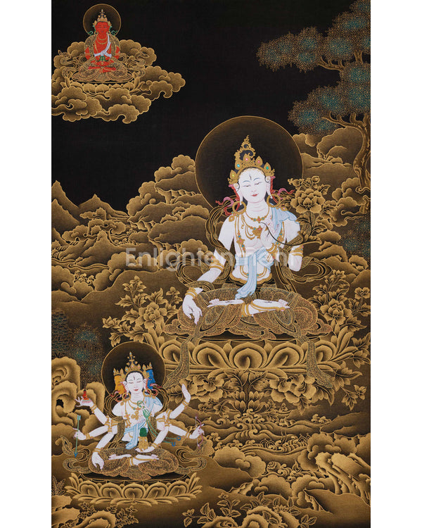 Three Deities of Long Life: White Tara, Amitayus, and Namgyalma | Gold Embellished Thangka