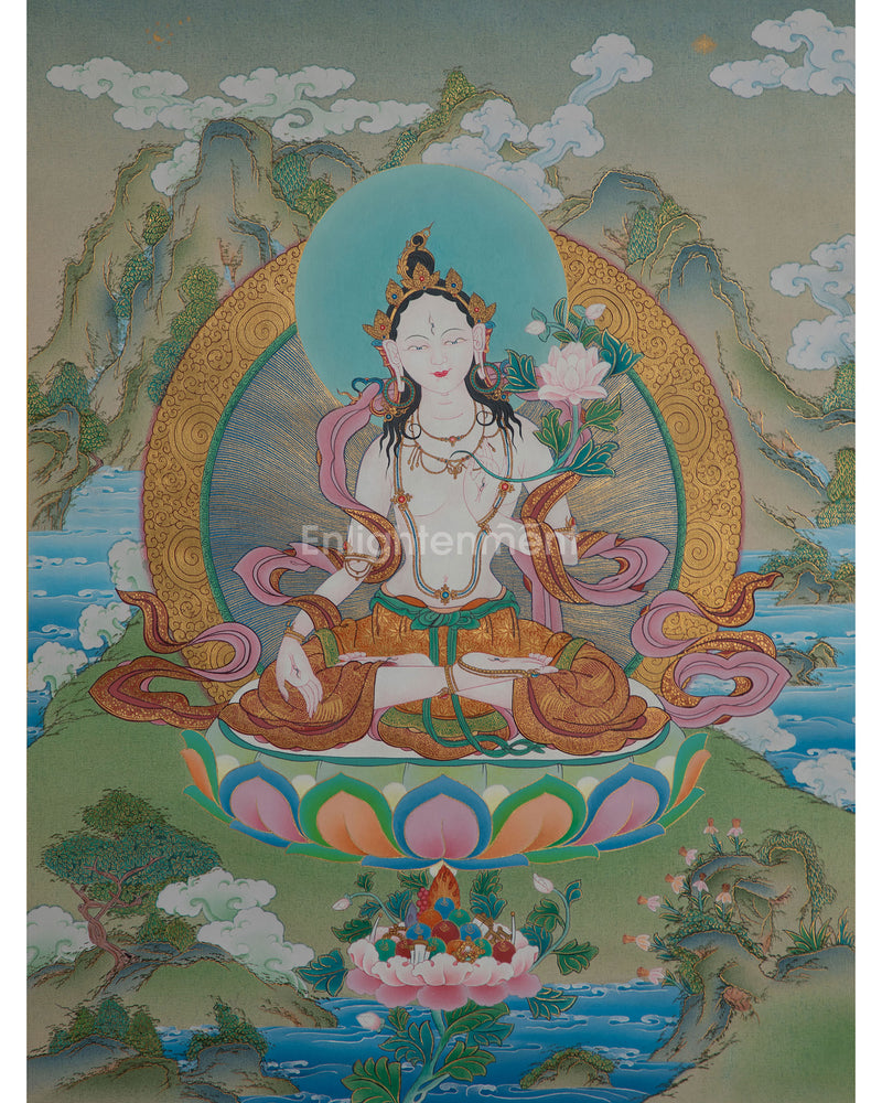 White Tara Thangka | Traditional Tibetan Painting In Menri Style | Long Life Mother Drolma