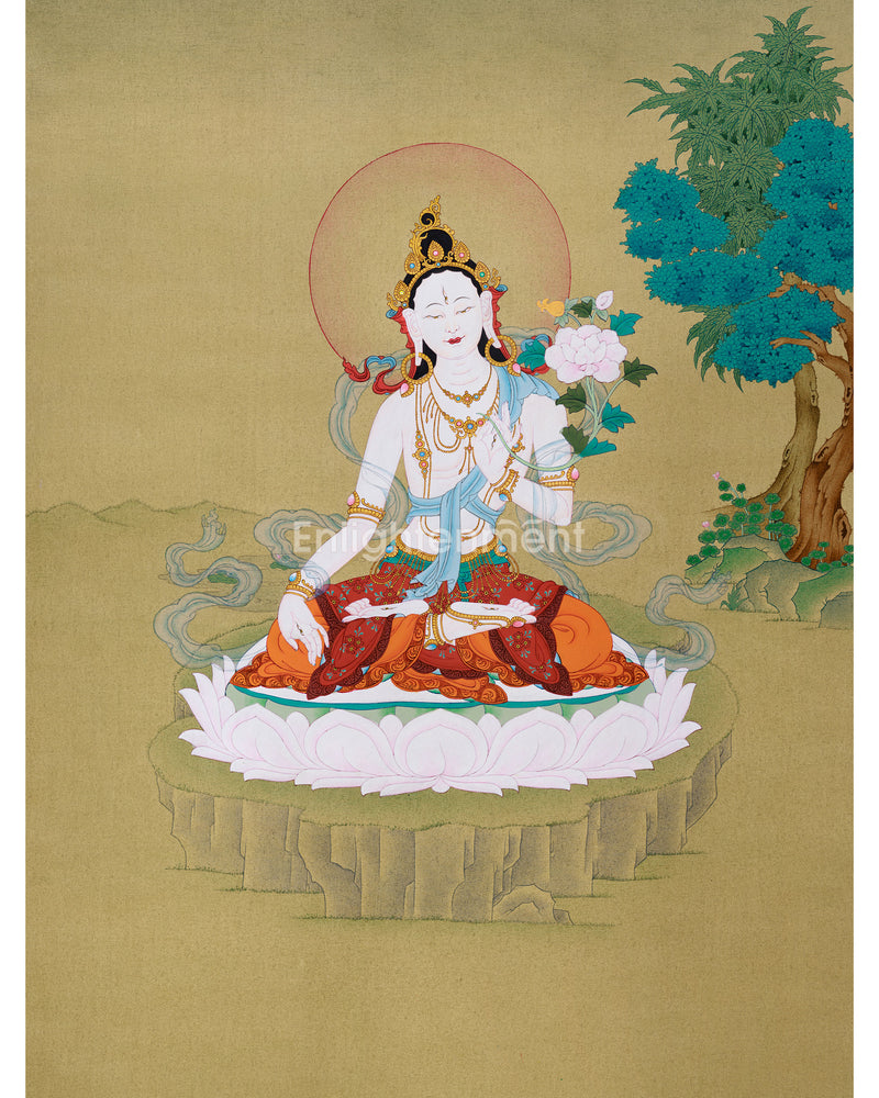 White Tara Thangka | Hand-Painted Karma Gadri Style | Spiritual Gift for Meditation