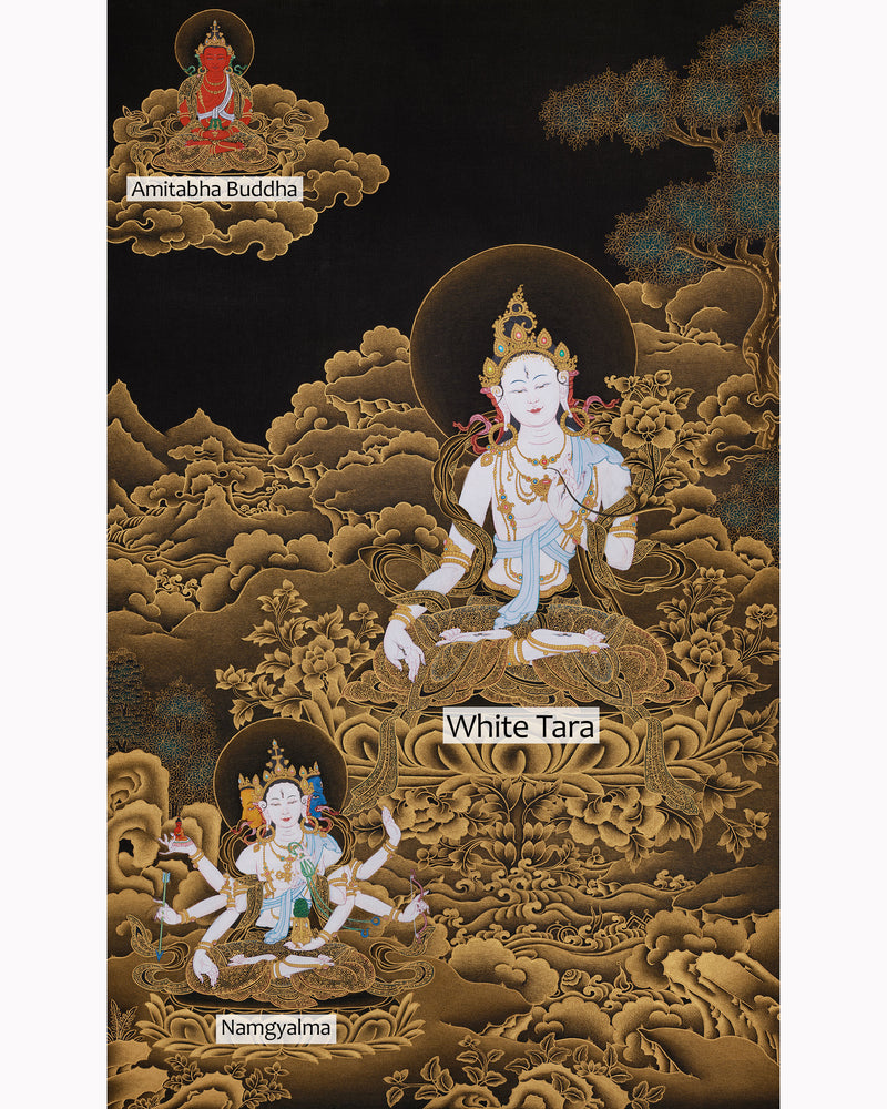 Three Deities of Long Life: White Tara, Amitayus, and Namgyalma | Gold Embellished Thangka