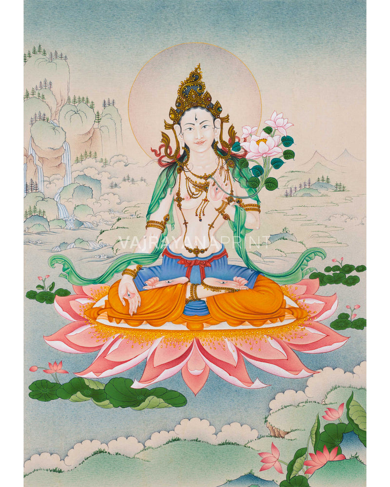 Magnificent Tara Duo: White Tara and Green Tara Thangka Prints