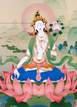 Radiant Grace: An Exquisite White Tara Thangka, Unique Depiction in Exceptional Quality