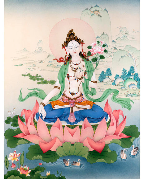 White Tara Thangka | Traditional Tibetan Stone Color White Tara Painting