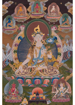 Original Hand-Painted White Tara With Other Bodhisattvas&nbsp;