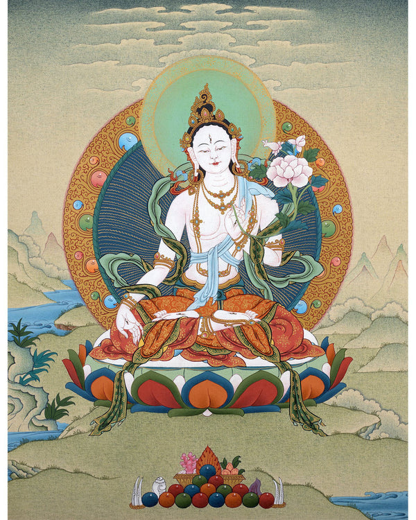 White Tara Thangka | Hand-Painted Drolma Painting | Female Bodhisattva