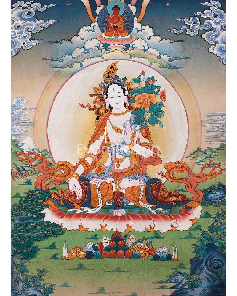 Vintage White Tara Thangka Art | Original Hand Painted Tibetan Buddhist Painting | Meditation And Yoga |