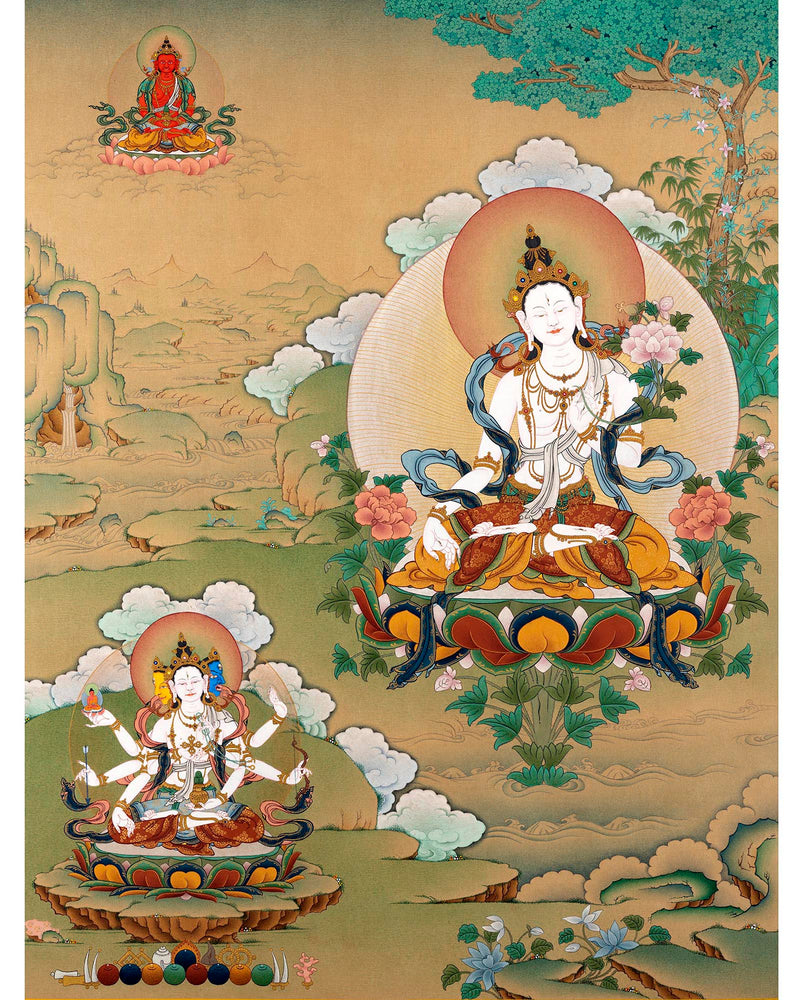 White Tara with Namgyalma, Amitayus Buddha | Treasure Bodhisattva | Tibetan Thangka