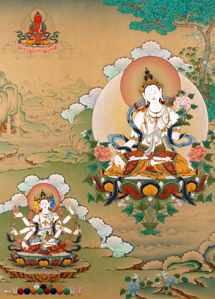 White Tara with Namgyalma, Amitayus Buddha | Treasure Bodhisattva | Tibetan Thangka