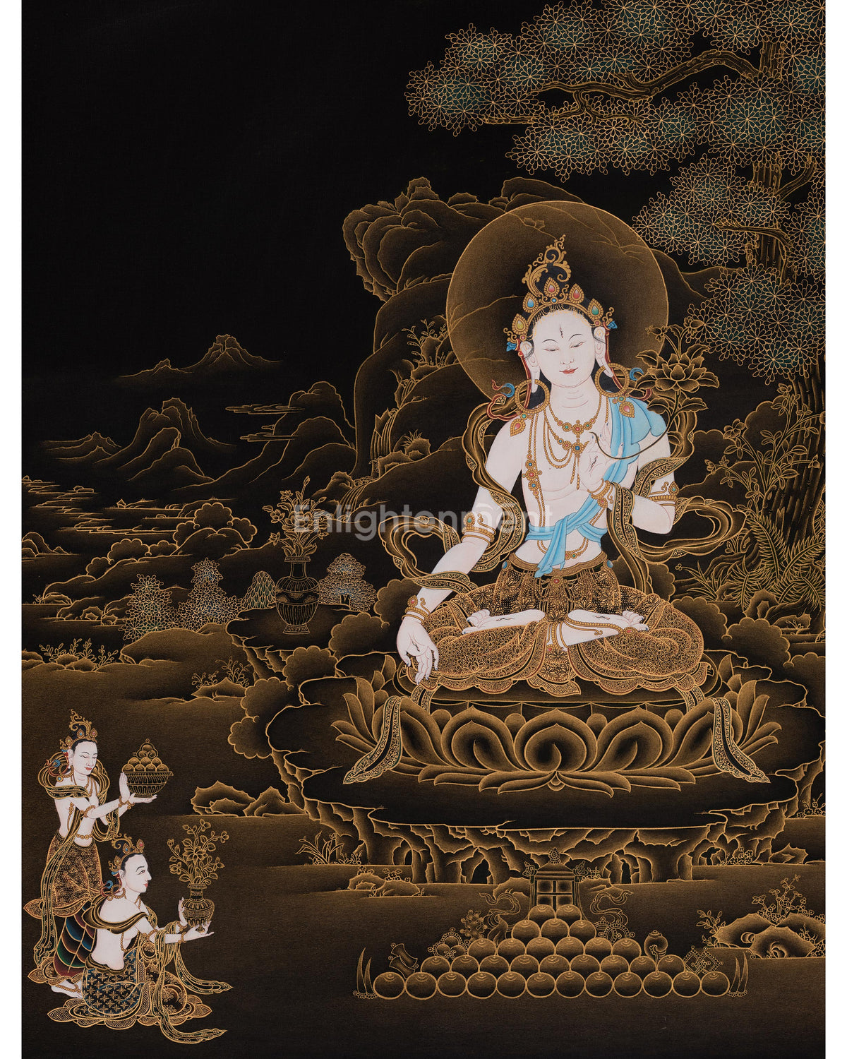White Tara Gold on Black Thangka 