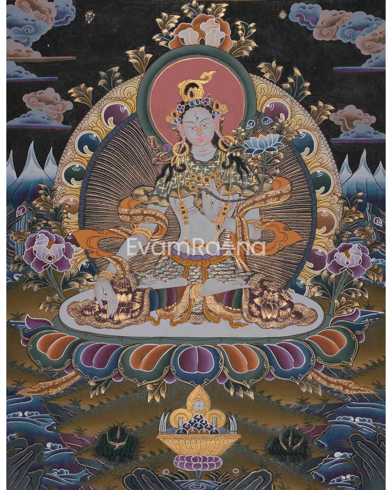 Beautifully Hand-Painted White Tara Thangka: