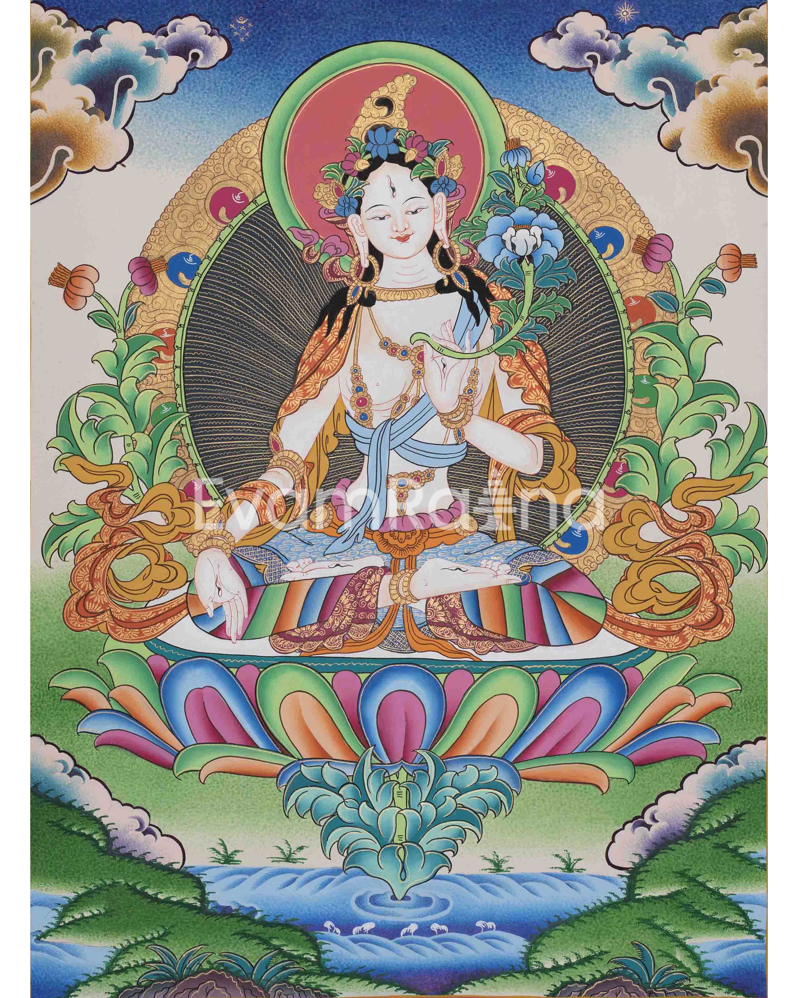 Beautifully Hand-Painted White Tara Thangka: