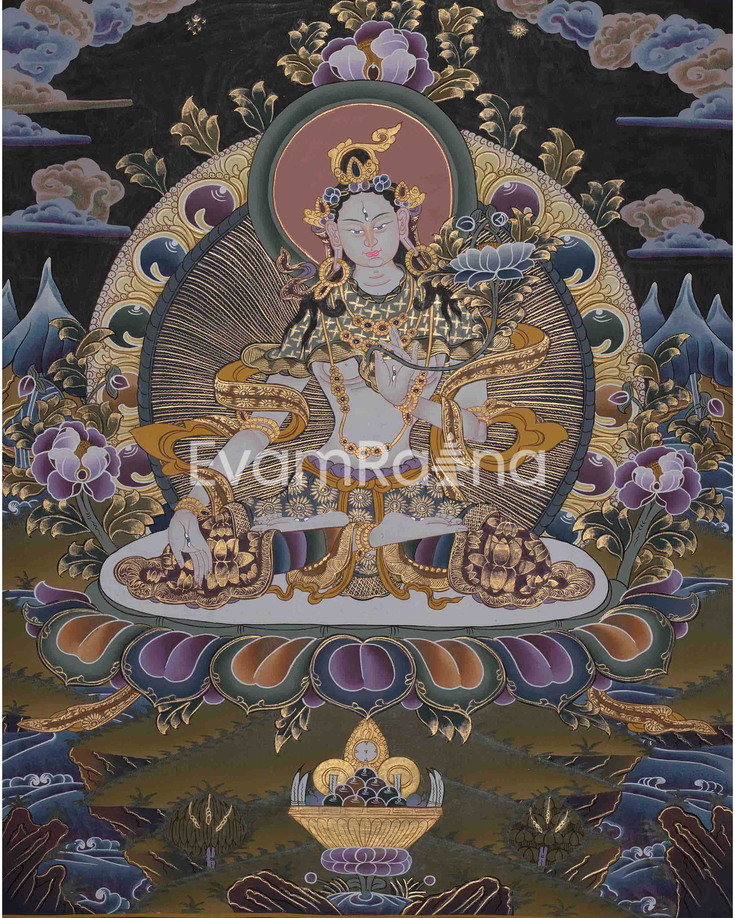 Beautifully Hand-Painted White Tara Thangka: