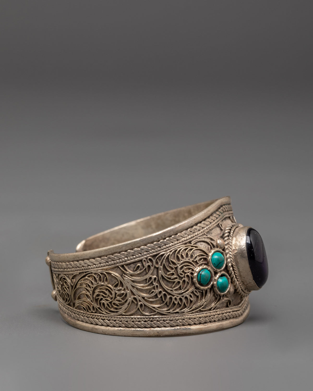 Himalayan Silver Gemstone Cuff Bracelet | Turquoise Amethyst Jewelry