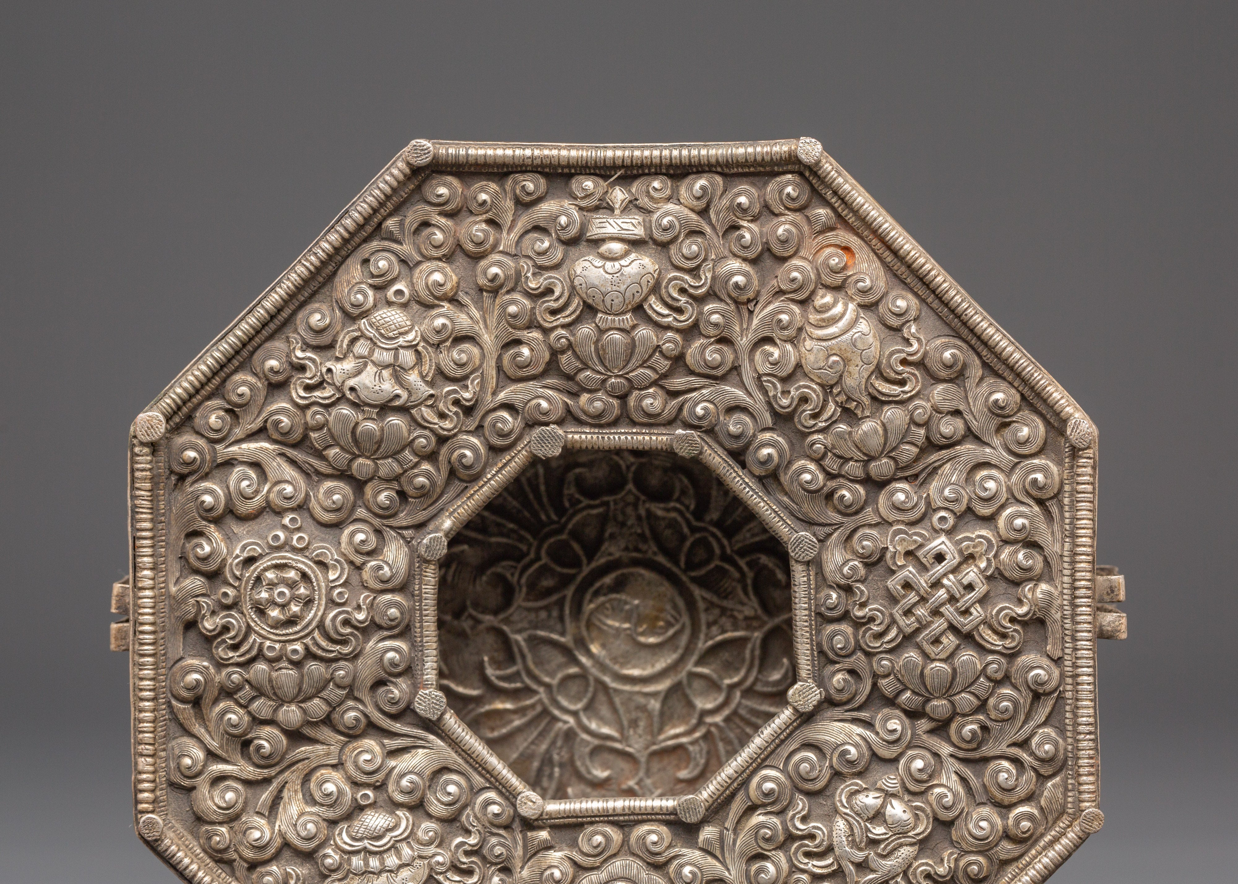 Handmade Tibetan Silver Plated Ghau Box | Copper Body with Unique Motifs