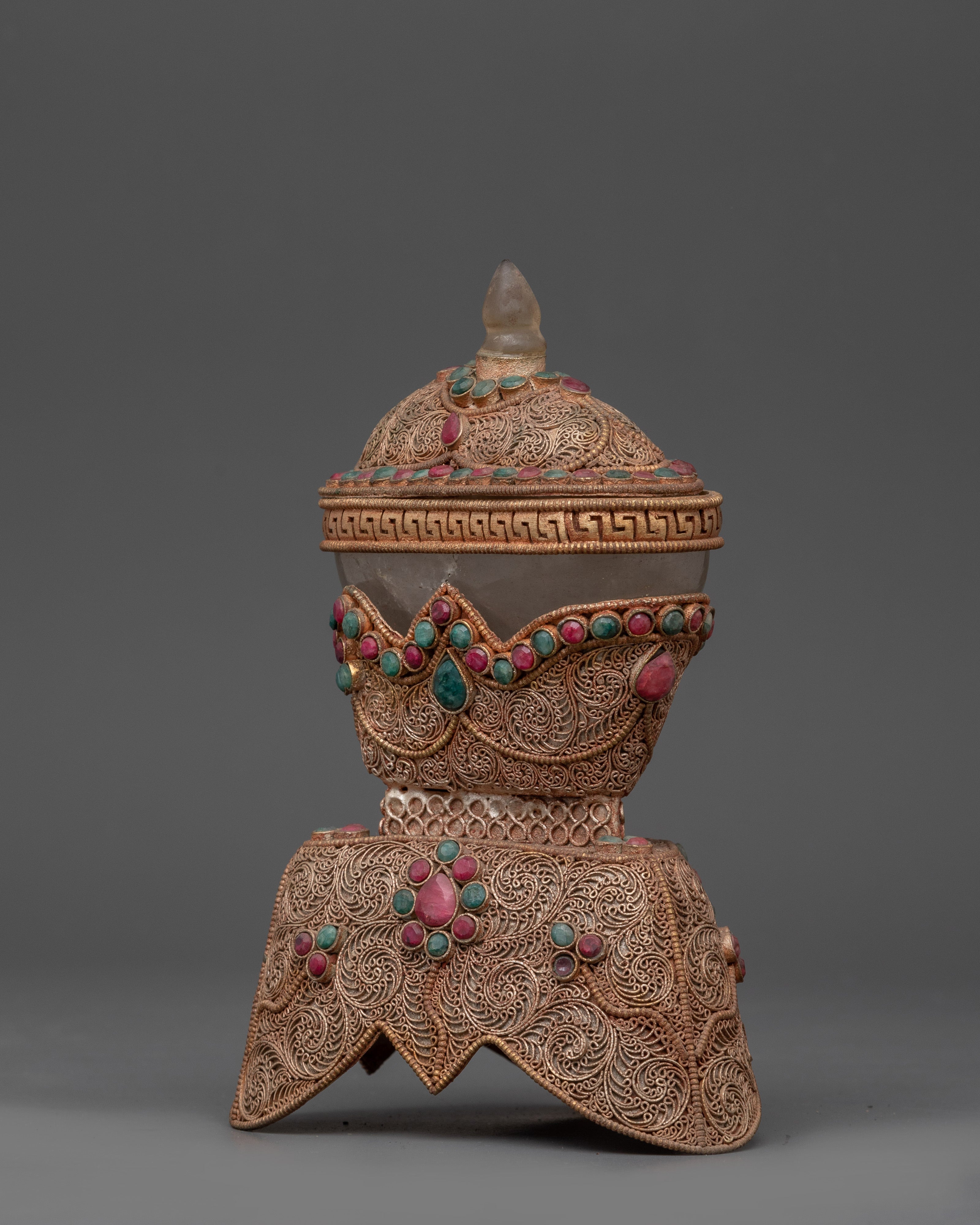 Buddhist Kapala Ritual Tool | Tantric Skull Cup with Coral and Turquoise Decorations