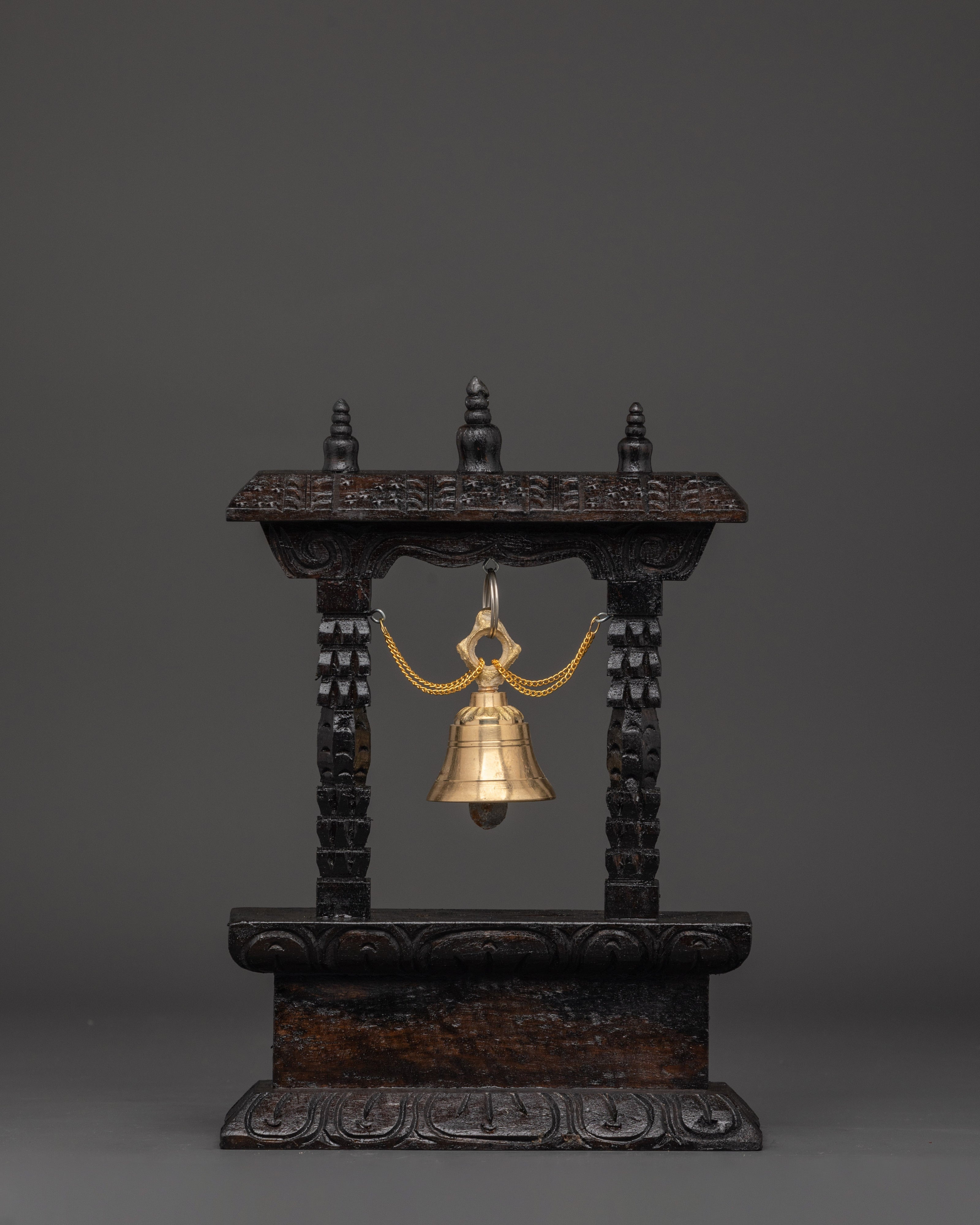 Traditional Buddhist Hanging Bell Decor | Hand Carved Wooden Bell Shrine