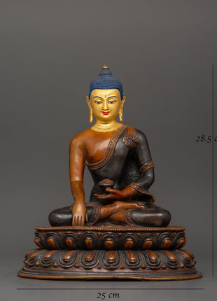 Shakyamuni Buddha Tibetan Altar Decor Statue | Oxidized Copper Body with Gold Plating