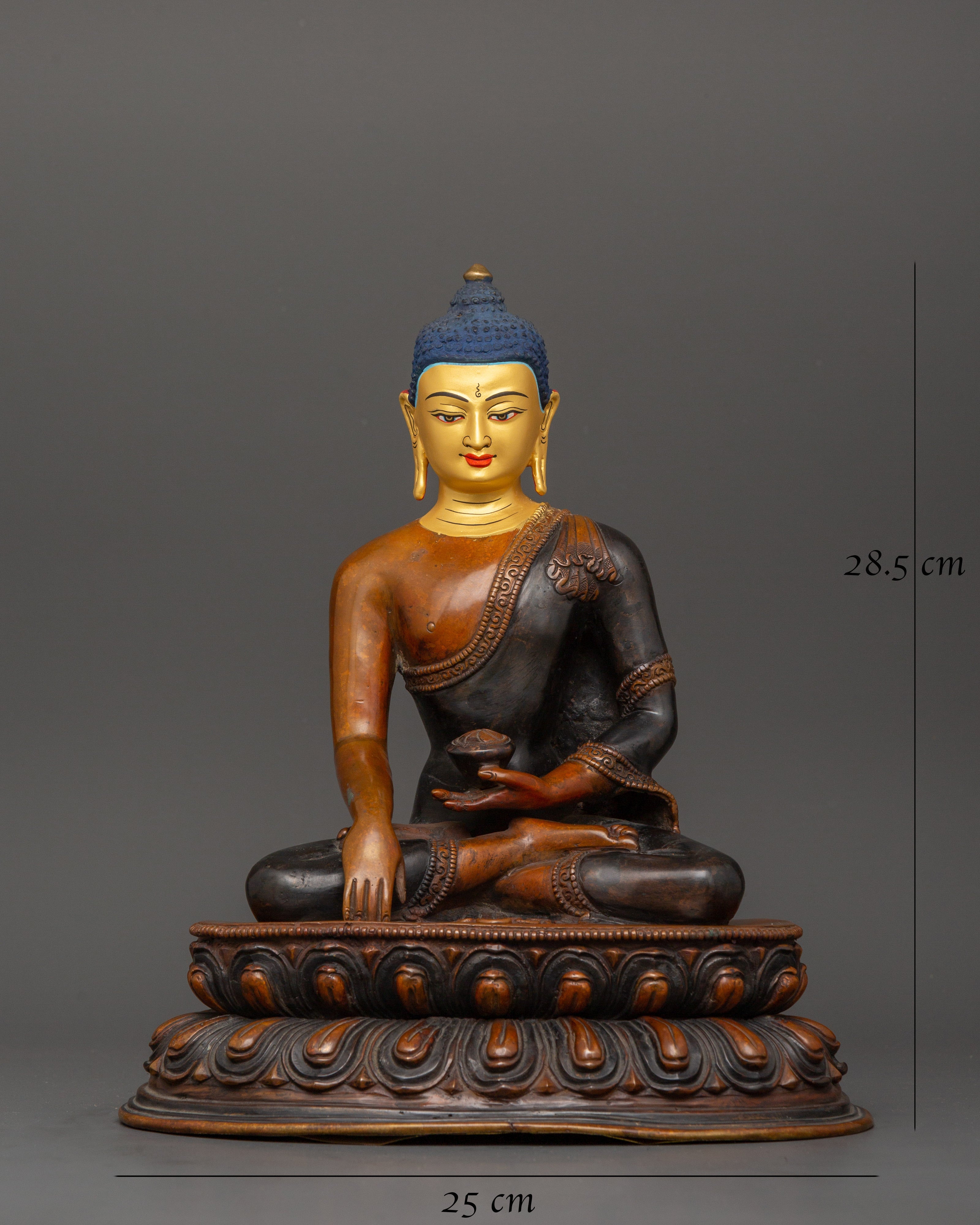 Shakyamuni Buddha Tibetan Altar Decor Statue | Oxidized Copper Body with Gold Plating