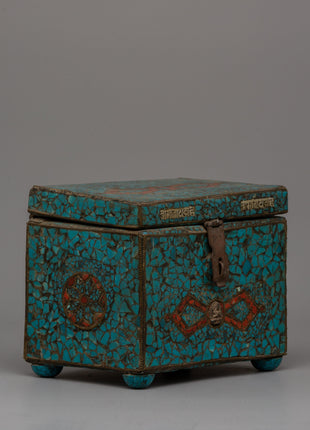Handmade Wooden Tibetan Box With Sankha | Handmade Set with Silver and Copper Details