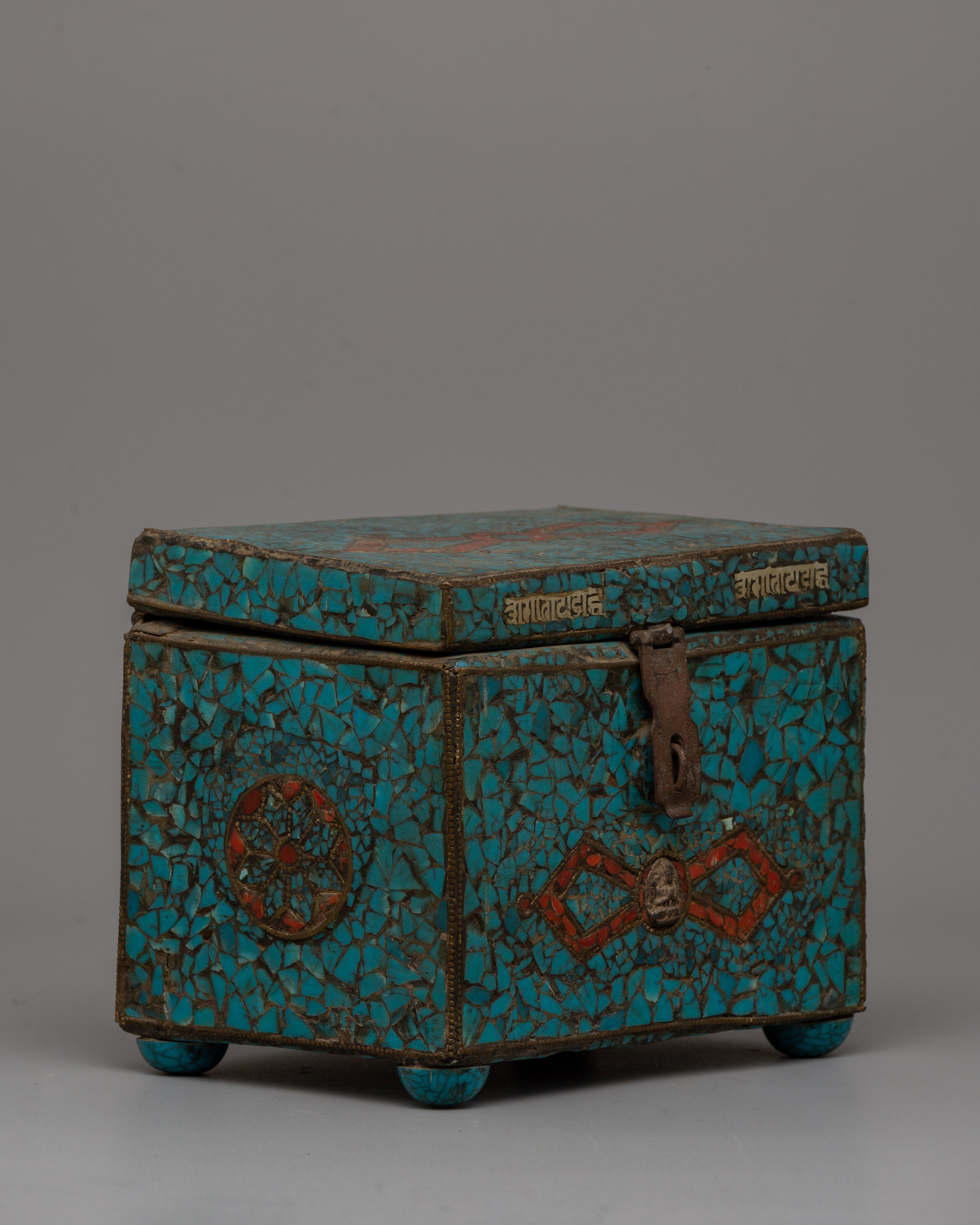 Handmade Wooden Tibetan Box With Sankha | Handmade Set with Silver and Copper Details