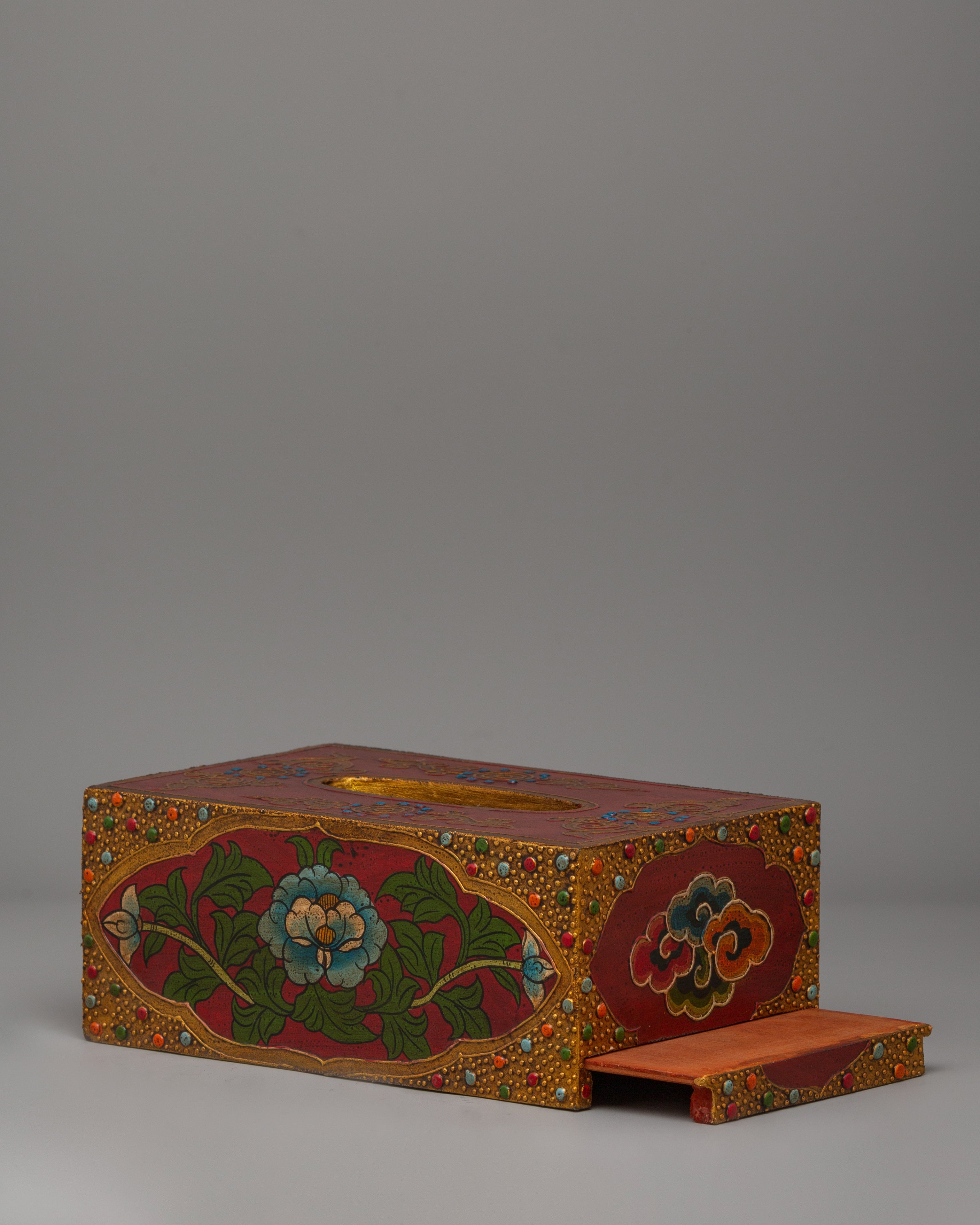 Handmade Tibetan Floral Tissue Holder | Painted Wooden Decor