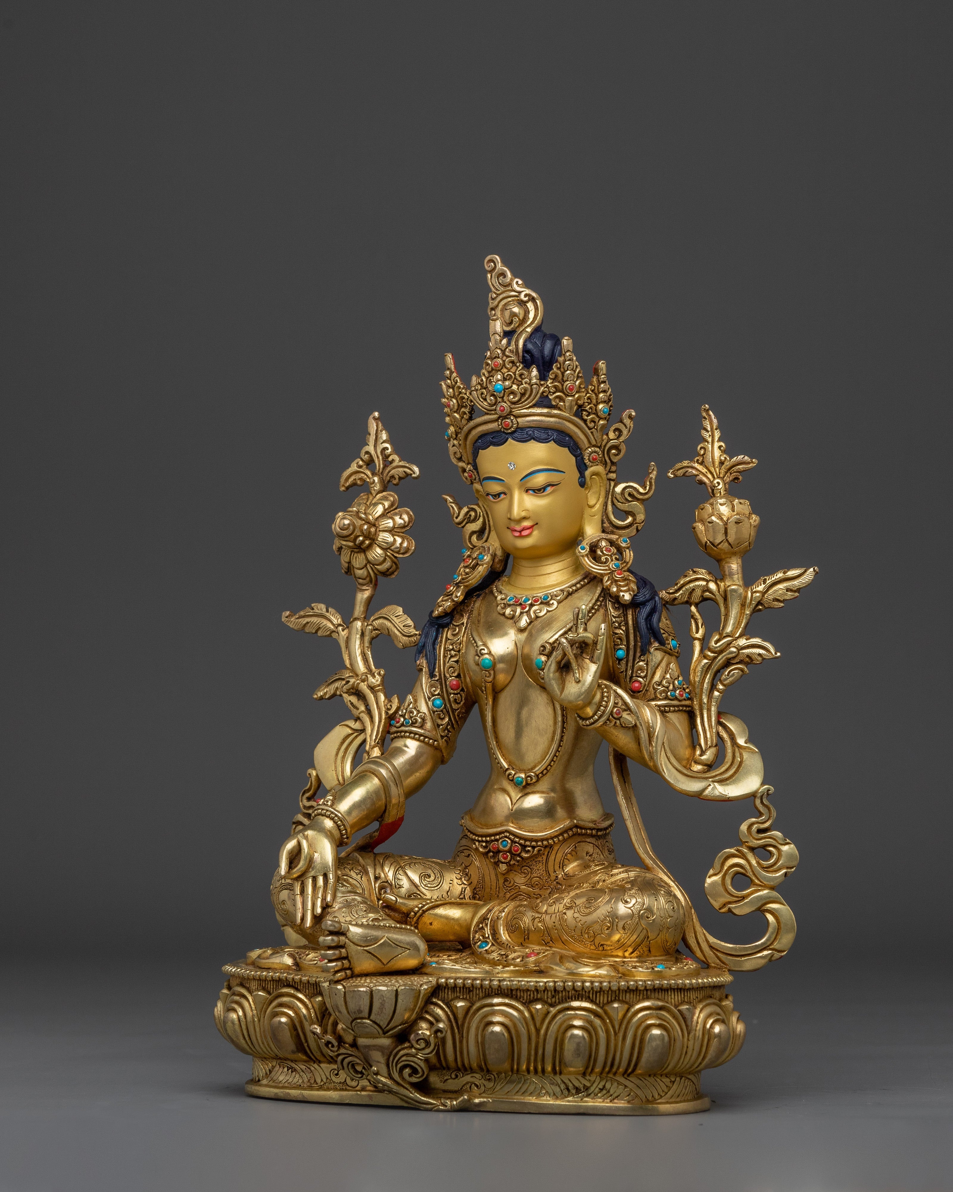 Handcrafted Green Tara Gold & Acrylic Detailing Statue | Goddess of Compassion and Protection