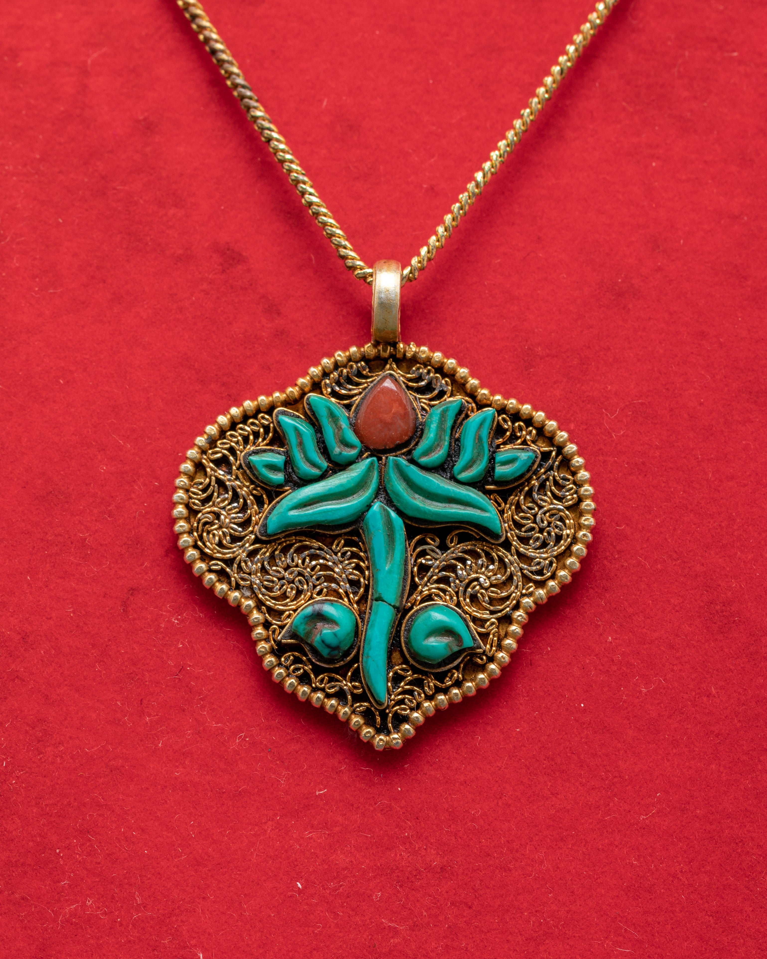 Handmade Gold Plated Turquoise Floral Pendant | Silver & Coral Stone Jewelry