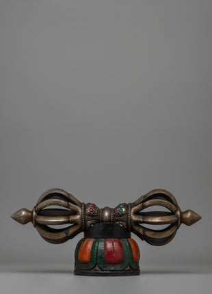 Iron Vajra with a Wooden Base and Turquoise Coral Inlays 