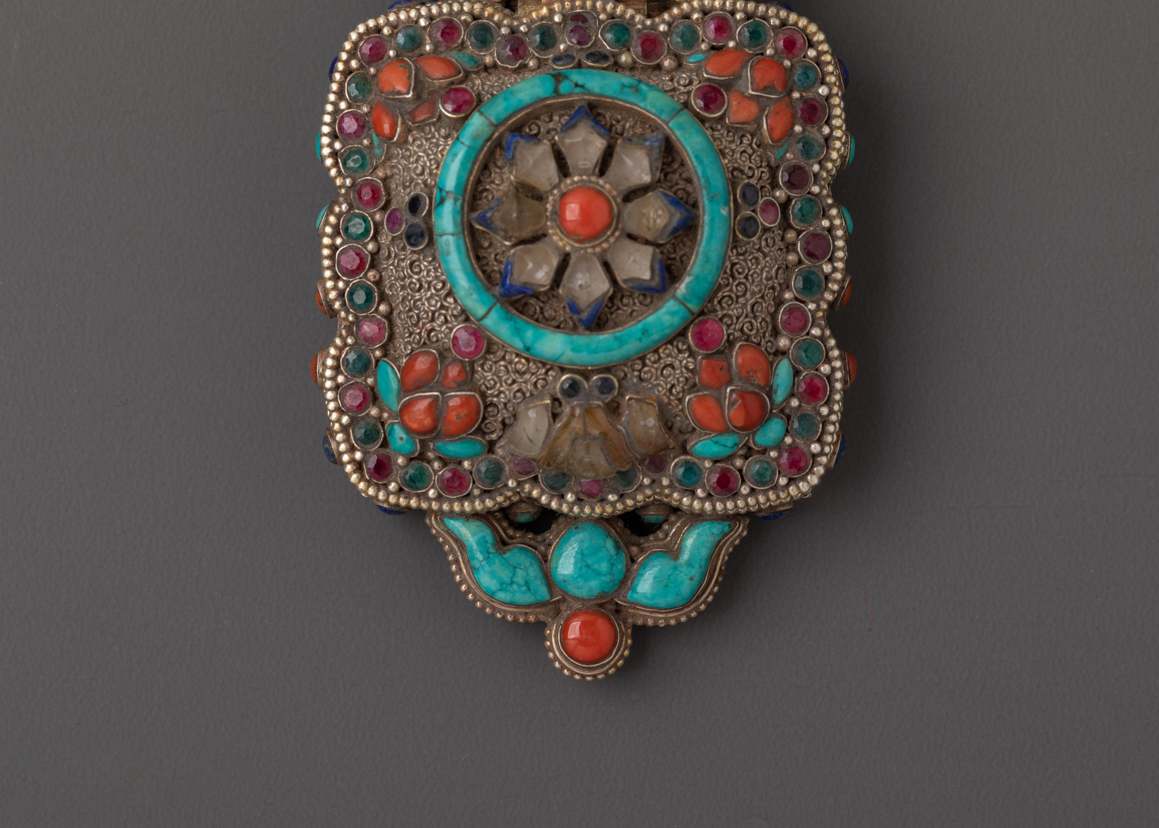 Tibetan Ghau Locket Charm | Silver Pendant with Turquoise