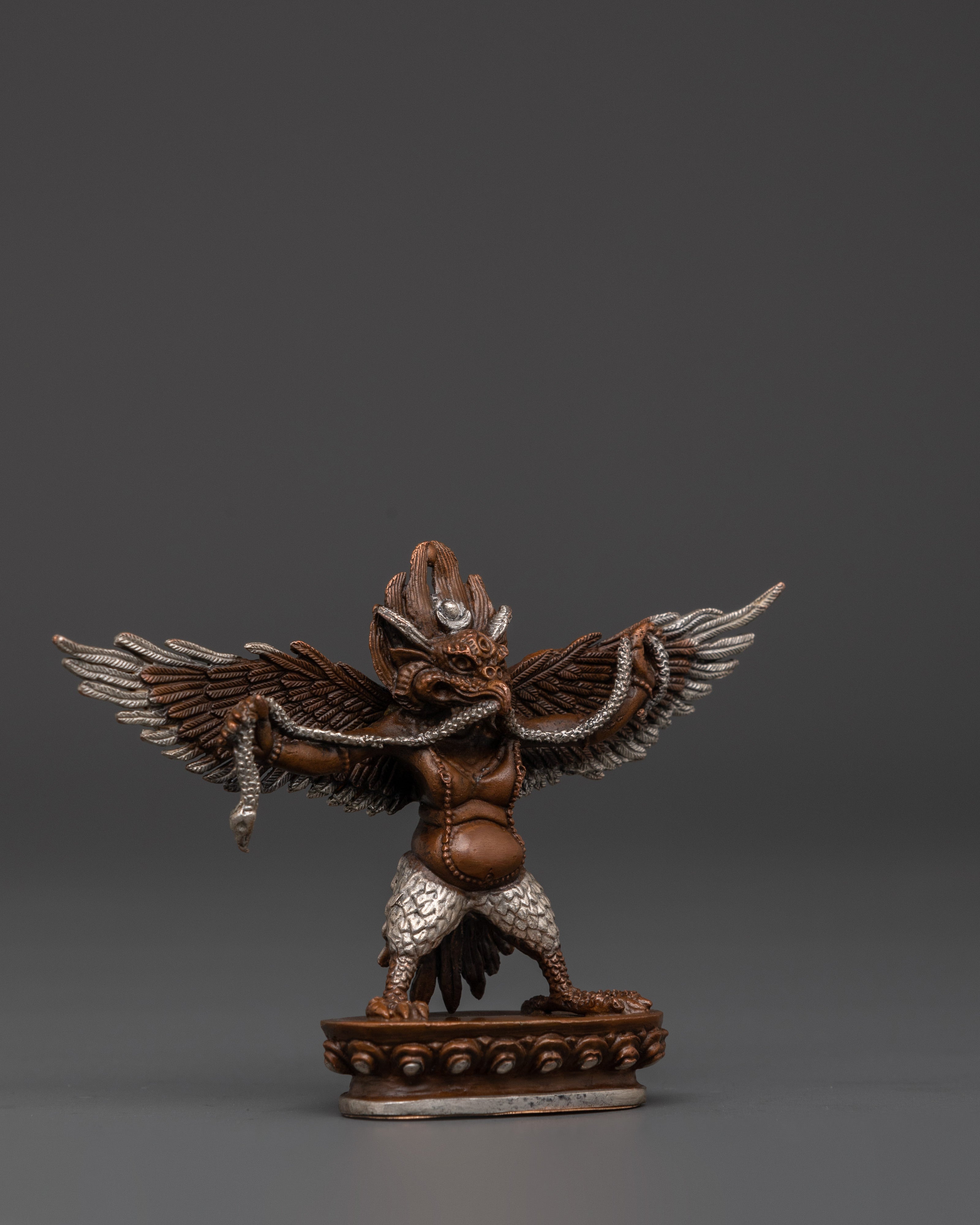 Handcrafted Tibetan Garuda Statue | Copper Oxidized Silver Plated Protector Deity Sculpture for Spiritual Décor