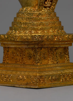 Exquisite Tibetan Stupa with Gold-Plated Buddha Figurine | Religious Tibetan Art
