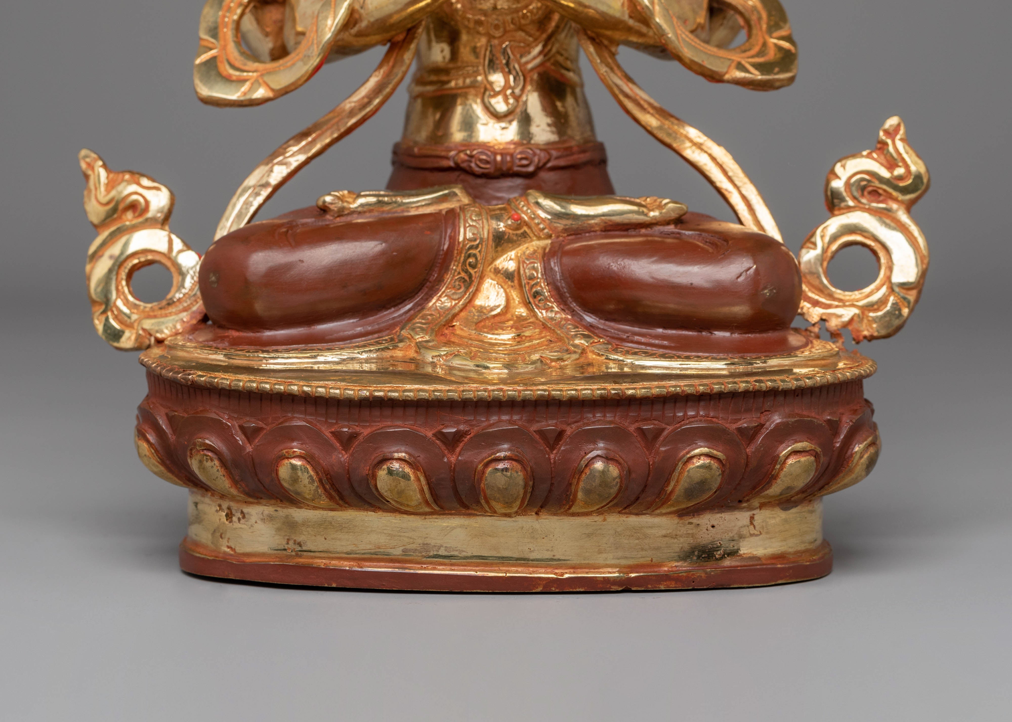 Handcrafted Tibetan Chenrezig Sculpture | Gold-Plated with Coral & Turquoise