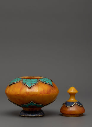 Amber Rice Pot Buddhist Altar Decor | Turquoise & Lapis Inlaid Ritual Rice Pot