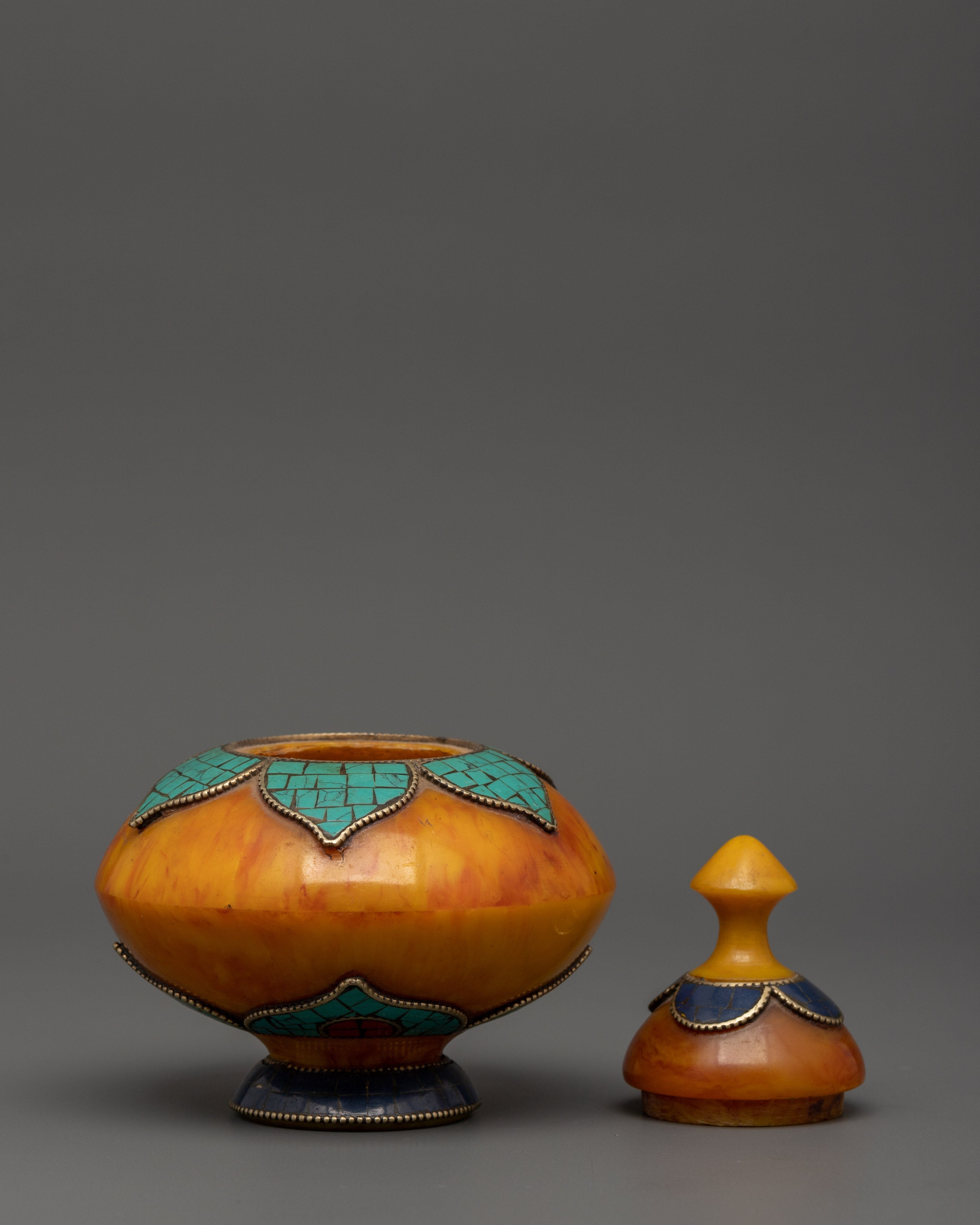 Amber Rice Pot Buddhist Altar Decor | Turquoise & Lapis Inlaid Ritual Rice Pot